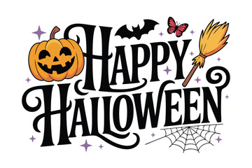 Happy Halloween Design with Pumpkin, Bat, Butterfly, Broom, Spiderweb, and Stars Illustration