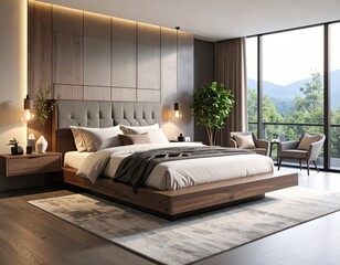 Modern bedroom with wooden platform bed