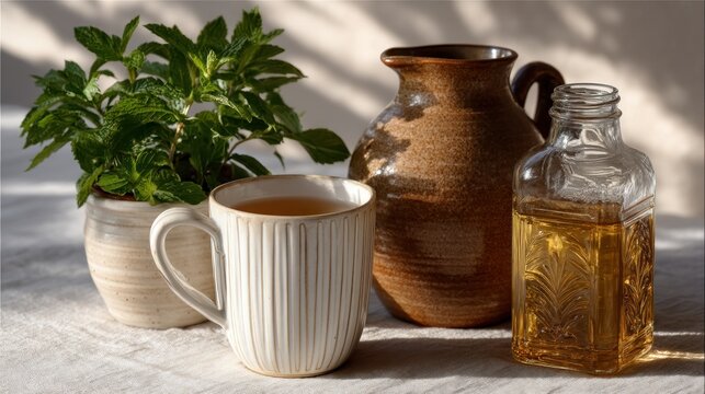 Sunlit mint tea, pitcher, syrup, linen cloth, herbal