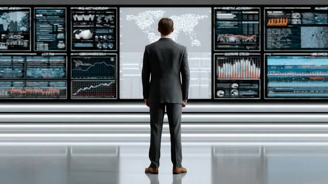 Visionary Analysis: A focused man, clad in a sharp suit, surveys a wall of monitors showcasing intricate data visualizations, demonstrating technological expertise.