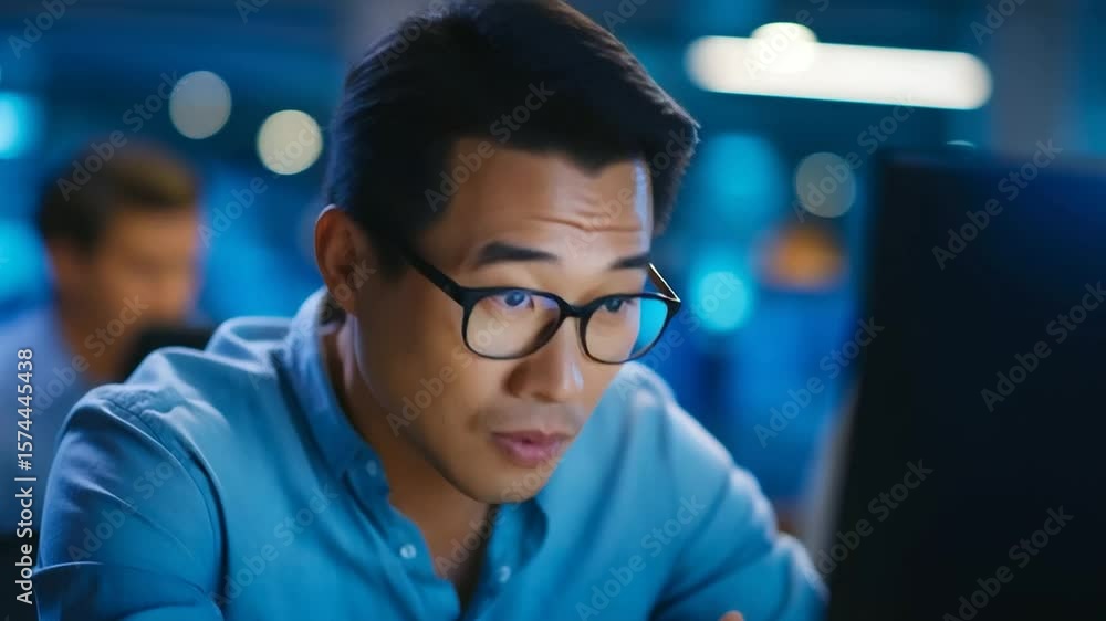 Aufkleber team of asian software engineers working late on ai project development.