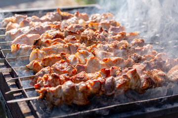 Traditional georgian mtsvadi, grill on the coals with smoke. Food