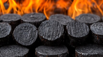Close-up view of charcoal briquettes stacked together.
