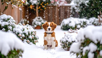 Adorable puppy in snowy backyard