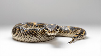 Obraz premium Striking snake with textured skin coiled against a plain backdrop, eye contact focus