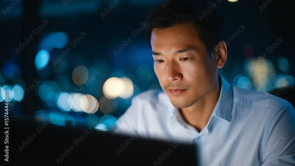 Poster asian software engineers collaborating on ai algorithms during a late-night office session.