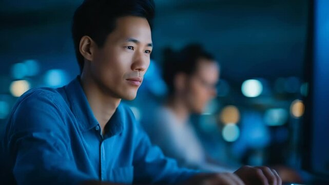 Asian software engineers collaborating on AI algorithm challenges during late-night office hours.