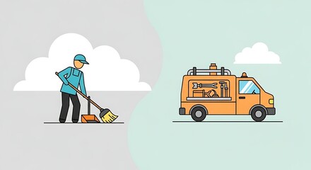 Find local cleaning and maintenance services: professional janitor and repair truck