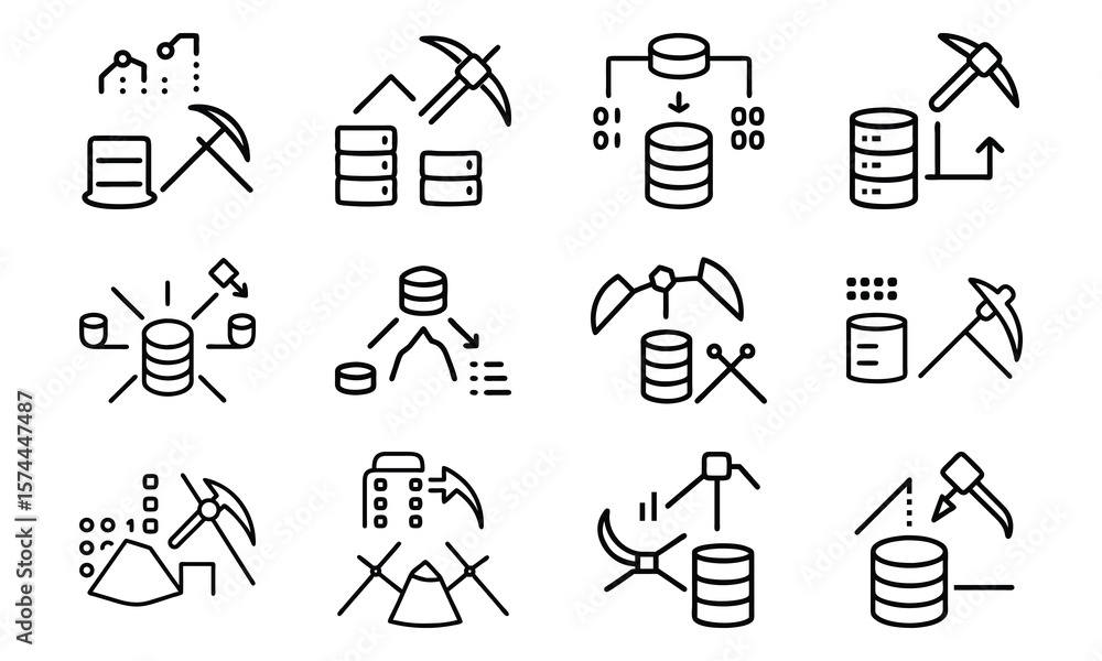 Poster Data mining and database icons set representing information extraction and analysis