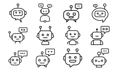 Collection of cute chatbot robot illustrations featuring speech bubbles in a modern outline style