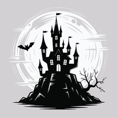 eerie gothic castle silhouette with moonlight and flying bat vector art for horror projects