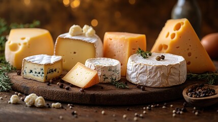 Assorted cheeses on rustic wooden board with herbs and pepper on bokeh background