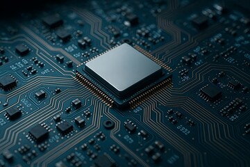 Close-Up of Advanced Semiconductor Chip on High-Tech Circuit Board
