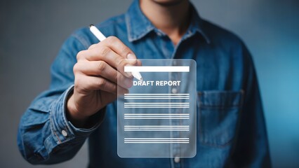 A person creates a draft report using a digital interface, showcasing innovative document management and modern workflow with seamless editing using smart technology.
