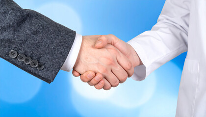 Handshake of Businessman and Doctor with Blurry Blue Background for Healthcare Partnership Medical Collaboration Deal Agreement or Professional Trust