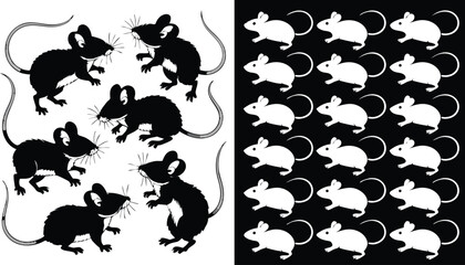 Naklejka premium Black and White Featuring Cartoon Mice on Contrasting Backgrounds in a Patterned Style