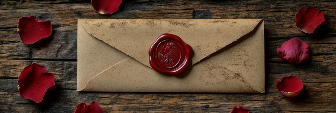 Rustic love letter envelope with a vibrant red wax seal, adorned with crimson rose petals on a distressed wooden table, ideal for romantic announcements or a heartfelt greeting card.