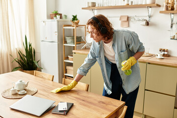 Young man enjoying a productive day cleaning and organizing his cozy home environment
