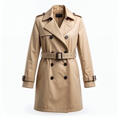 Elegant beige trench coat with a classic silhouette and belted waist design on white background