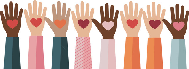 Diverse Hands with Hearts Unity, Love, Inclusion, Volunteerism and Support Illustration