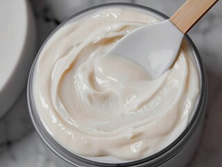 Close-up of creamy skincare product in jar with wooden spatula on marble background
