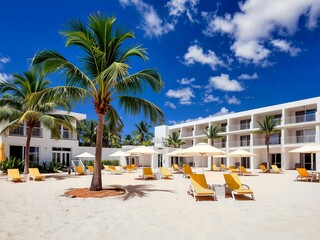 Tropical beach resort with palm trees and sun loungers under blue sky