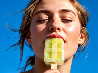Young woman enjoying a colorful popsicle against a bright blue sky
