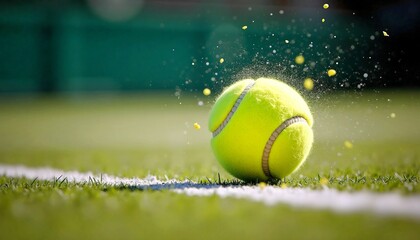 Yellow tennis ball bouncing on grass court with dust and motion blur