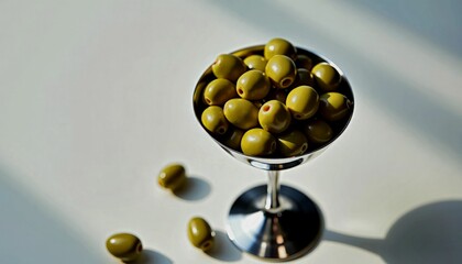 Fresh green olives in a silver bowl on a light background