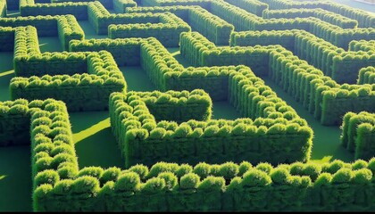 Aerial view of lush green maze formed by dense hedges in a garden
