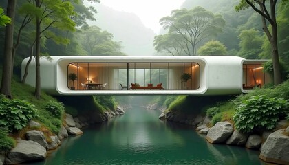 Futuristic house in the forest with glass walls overlooking a serene river