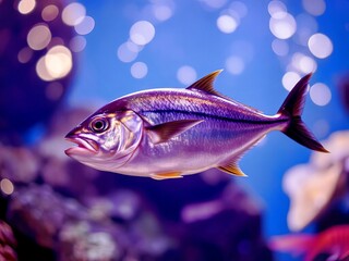 Vibrant purple fish swimming gracefully in an aquarium with bokeh effect
