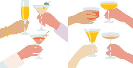 Hands Holding Various Colorful Cocktails in Champagne Coupes and Martini Glasses Illustration on White