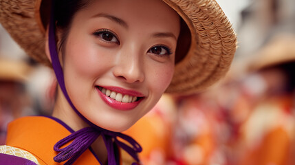 Close-Up Portrait of Japanese Woman in Yukata and Straw Hat Smiling at Awa Odori Festival Capturing Inner Joy, Beauty, and Cultural Pride in a Lively Celebration