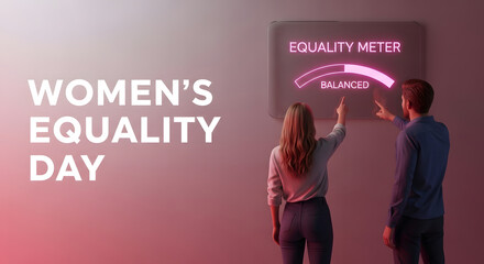 Man and woman interact with an equality meter on women s equality day symbolizing progress towards gender balance