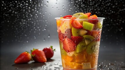 Fresh fruit salad in a cup with water droplets on a dark background.