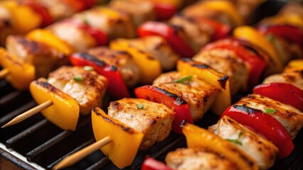 Grilled skewers with colorful vegetables and meat on a barbecue grill.