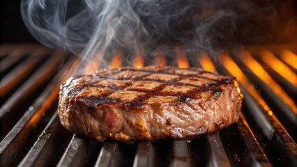 Juicy grilled steak with smoke rising, showcasing perfect sear marks.
