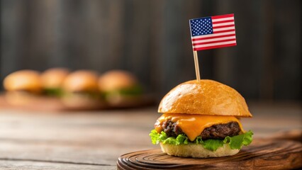 Delicious cheeseburger with American flag on wooden table, perfect for food lovers.