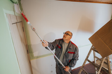 A person engages in redecorating by painting a wall green using a roller brush. The image...