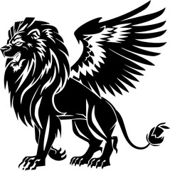 Winged Lion Vector Illustrations in Black Silhouette Tribal Style