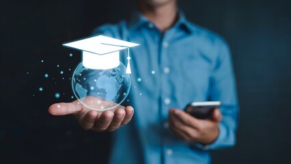Virtual education and global learning shown with a graduate hat over a globe, representing future academic achievements, knowledge and university or online courses for students worldwide.