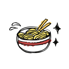 Noodle doodle. Cute and adorable noodle icon doodle. Suitable for a business logo. Colorful food doodle. Warm noodles in a bowl