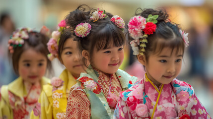 Young Girls Wearing Colorful Yukata and Flower Hairpins During Awa Odori Festival Capturing the Delight and Innocence of Youthful Participation in Japanese Tradition