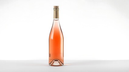 A bottle of rosé wine with a gold foil top standing on a white surface against a white background
