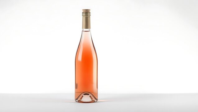 A bottle of rosé wine with a gold foil top standing on a white surface against a white background