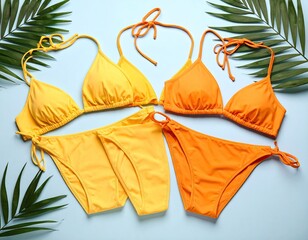 Colorful swimsuits on light blue background