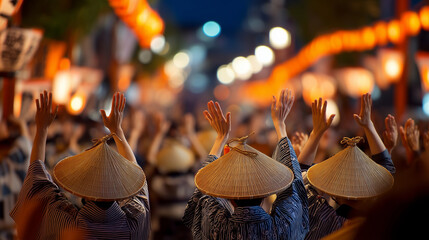 Dancers Raising Their Hands in Synchrony at Awa Odori Festival Night Parade Under Glowing Lanterns Reflecting Joyful Movements and Unity of Japanese Cultural Heritage