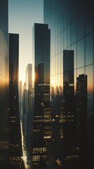 Obraz premium A cityscape skyline dominated by large geometric shapes, with one distinct building reflecting a mesmerizing glow from the light, casting interesting highlights across its reflective glass surface.
