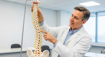 Doctor demonstrates spine anatomy on model during training for intern students at medical university